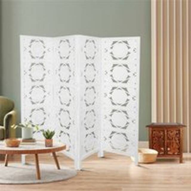 (WHITE) 4 Panel Wooden Swirl Design Screen Room Divider