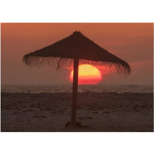 Silhouette of A Beach Umbrella on The Beach with A Colourful Sun Sinking Into The Horizon Over The Ocean 3 Poster Print - 36 x 26 in. - Large