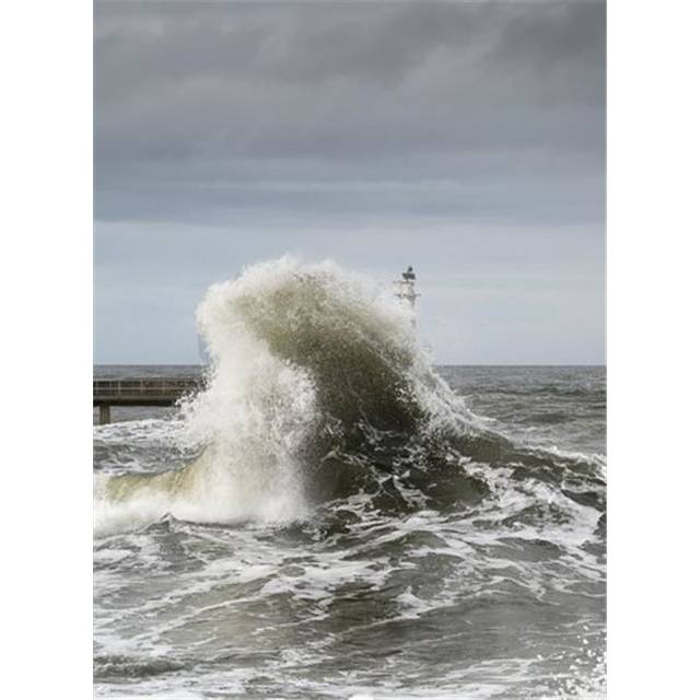 Large Wave Crashing At The Coast with A Lighthouse At The End of A Pier - Amble Northumberland England Poster Print by John Short, 26 x 36 - Large