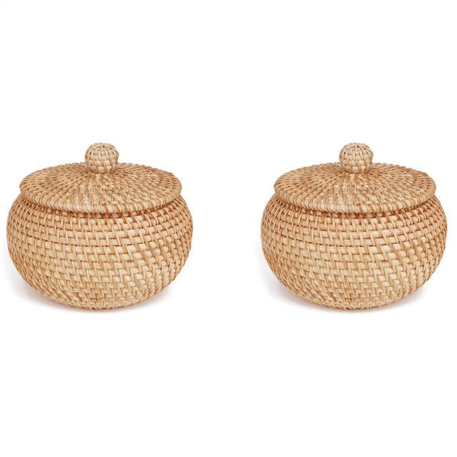 2X Rattan Round Basket with Lid, Rattan Storage Basket with Lid, Bread Food Basket Fruit Snacks Basket for Table Shelf