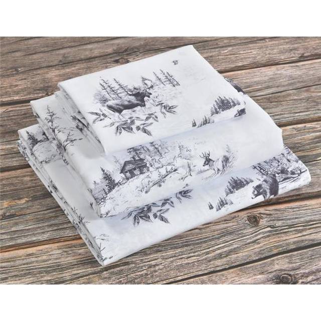 Lodge Toile Moose Forest Sketch Print Sheet Set, Black & White - Twin Size