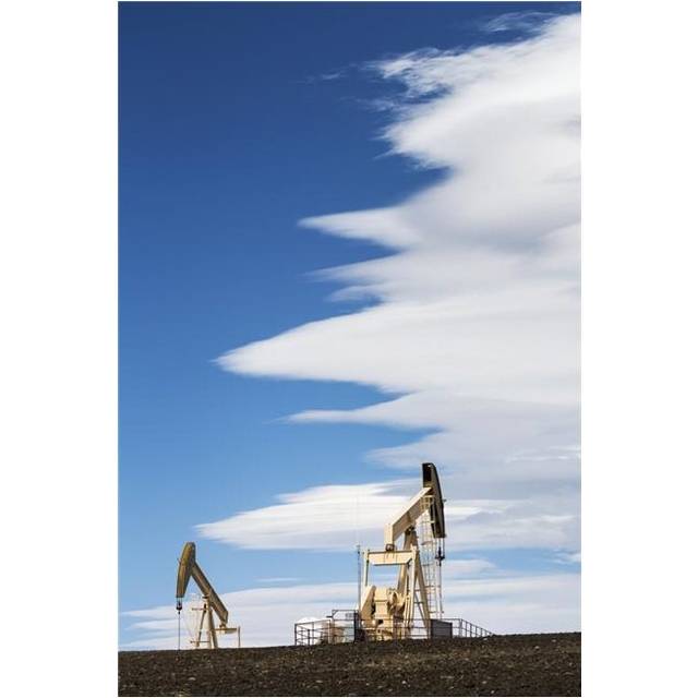 Two Pumpjacks on A Hill with Dramatic Clouds in The Blue Sky - Alberta Canada Poster Print - 24 x 38 in. - Large