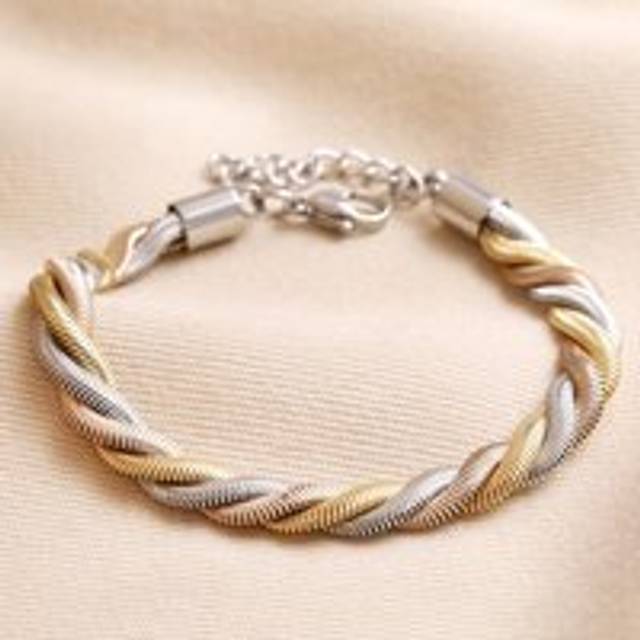 Mixed Metal Stainless Steel Chunky Triple Snake Chain Bracelet - gold/pink/silver - one size