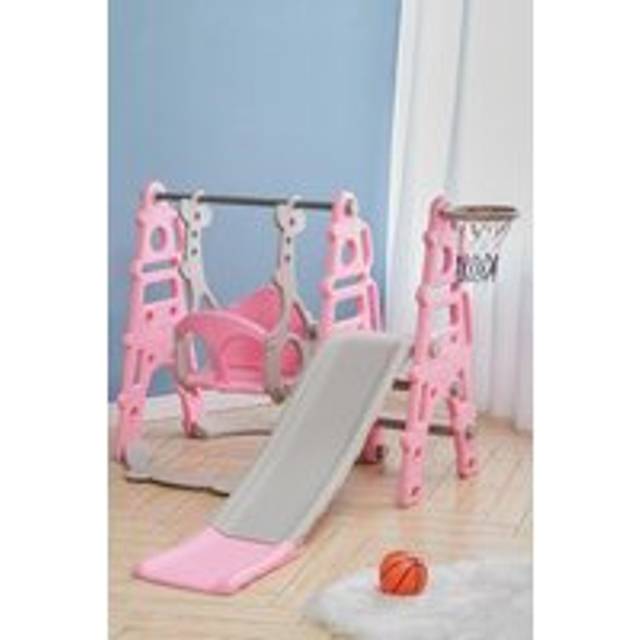 Children Toddler Swing and Slide Set With Basketball Hoop - Pink - One Size