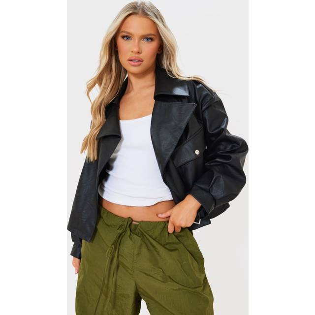 Black Textured Look Faux Leather Biker Jacket, Black - 8