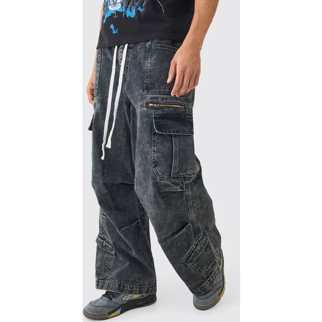 Mens Elastic Waist Acid Wash Parachute Cargo Jeans In Black