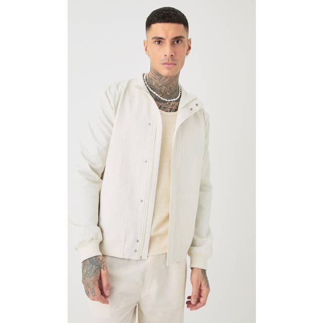 Tall Stripe Seersucker Funnel Neck Smart Jacket - Cream - 44