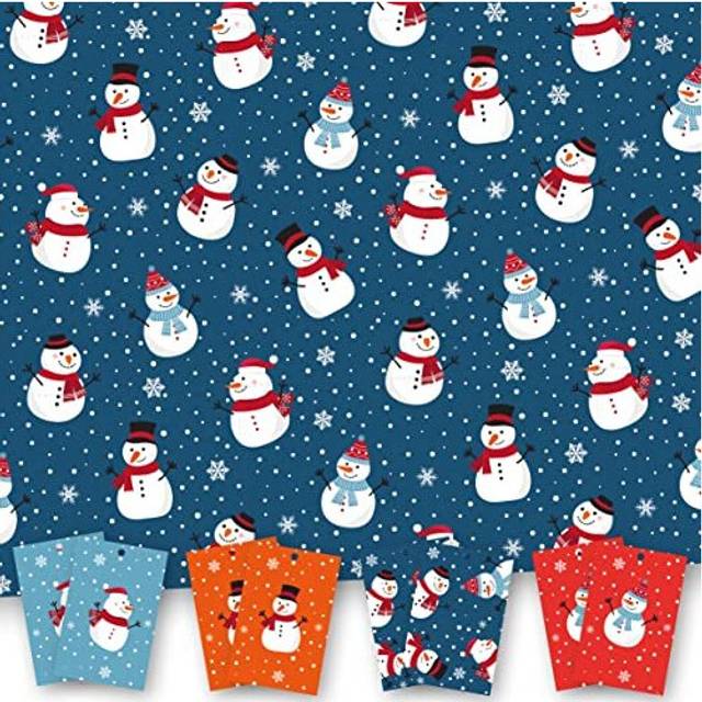 Christmas Wrapping Paper. 8 XL Sheets (50 x 70cm). Happy Snowmen Design. Gift Wrap pack with matching Tags. Cutting grid on reverse. Printed in UK. By