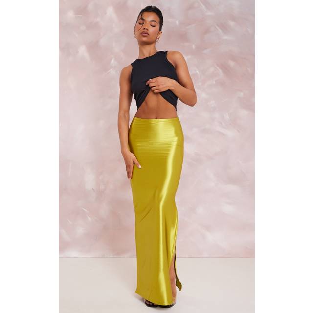Olive Stretch Satin Split Side Maxi Skirt, Green - 4