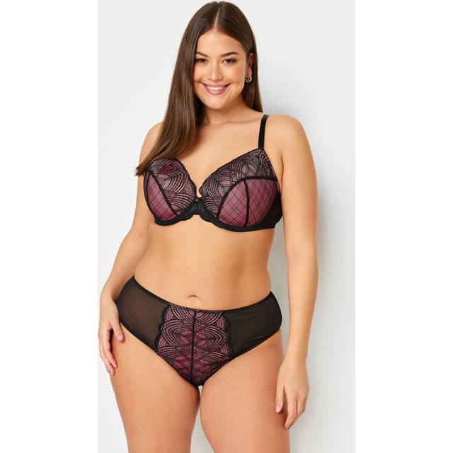Yours Curve Black & Pink Lace Detail Mesh Padded Bra - 38C
