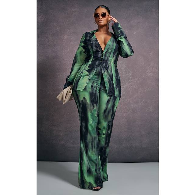 Plus Green Grunge Print Chiffon Flare Trousers, Green - 28