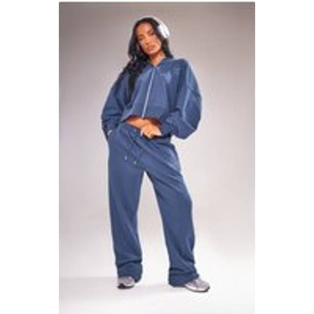 Navy Premium Oversized Pintuck Wide Leg Joggers, Blue - XL