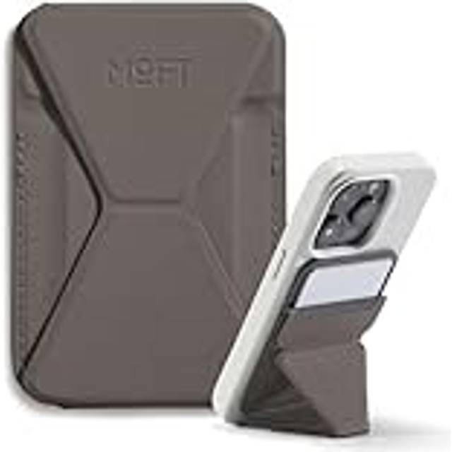 MOFT Magnetiskt plånboksstativ korthållare för iPhone 15/14/13/12 serie kompatibel med MagSafe, MOVAS magnetiskt mobilstativ av veganskt läder med 3 betraktningsvinklar, 2 kort, brungrå