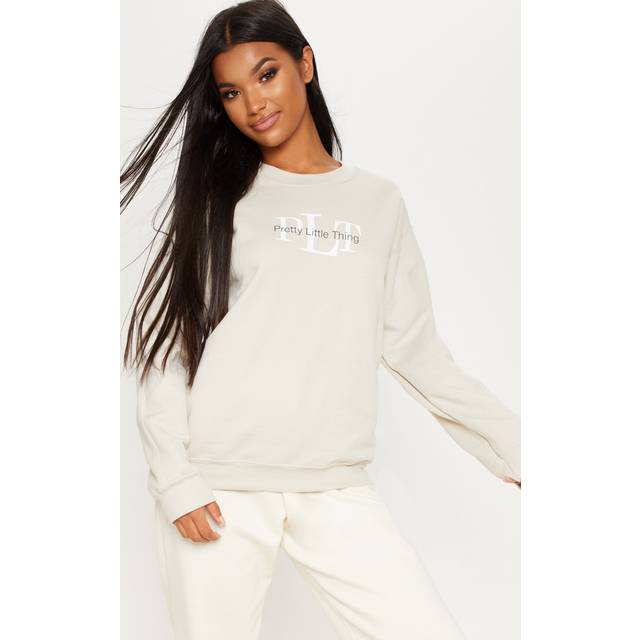 PRETTYLITTLETHING Sand Graphic Oversized Fit Sweater, Sand - XL