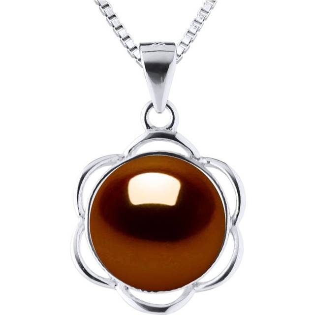 Diadema Womens PETAL Necklace Freshwater Pearl 9-10 mm Chocolate 925 Silver - One Size