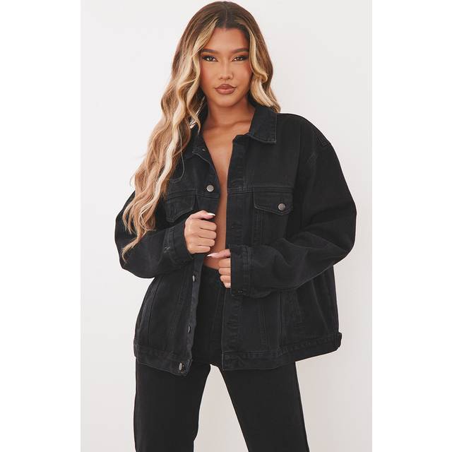 PRETTYLITTLETHING Washed Black Oversized Boyfriend Denim Jacket, Washed Black - 12
