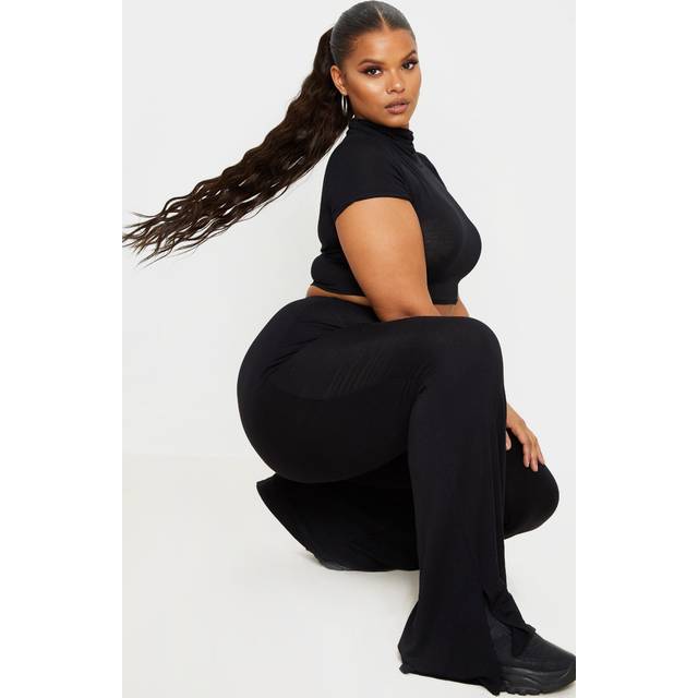 Plus Black Jersey Split Hem Flared Trousers, Black - 16