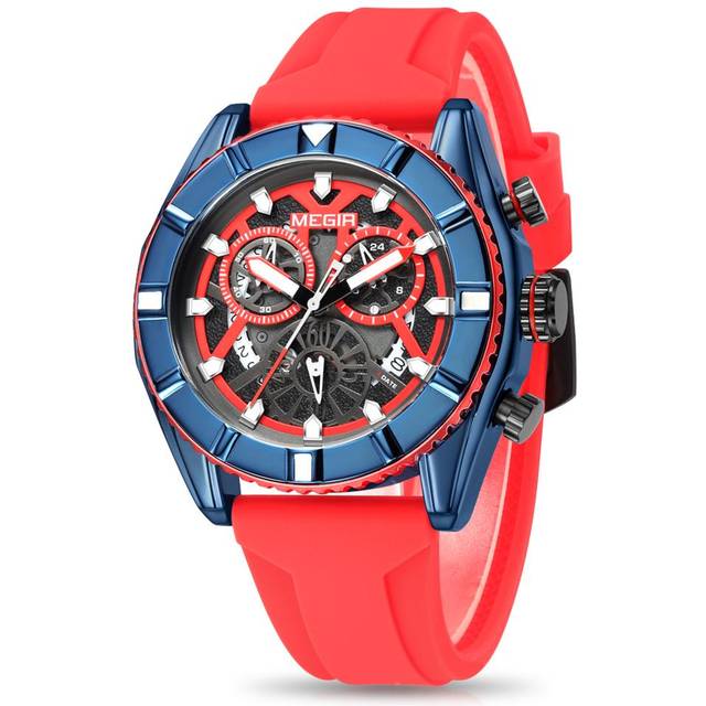 MEGIR Men's Sports Analog Chronograph Luminous Quartz Watch with Stylish Silicone Strap for Gifts red