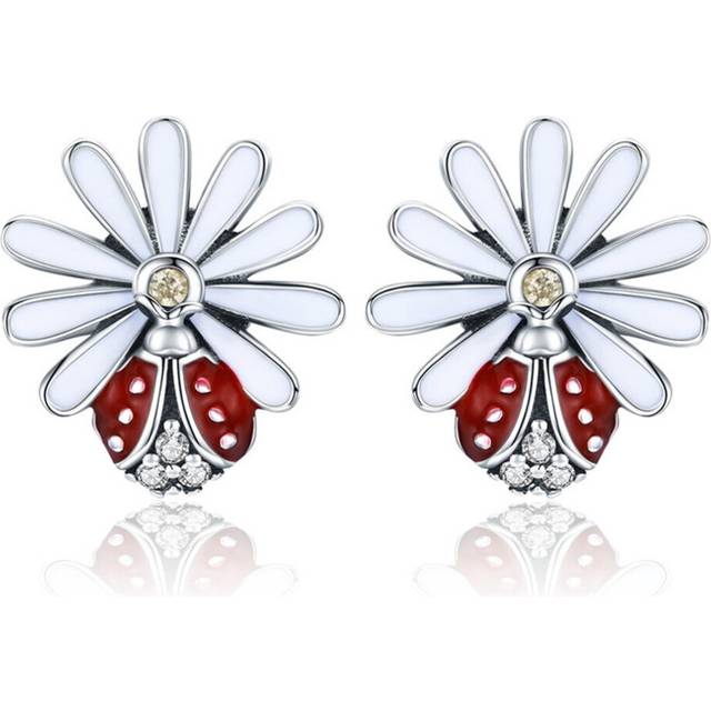 Silver plating Daisy Flower Red Ladybug Stud Earrings for Women Fashion Earrings Jewelry Gift