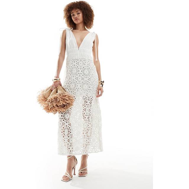 Amy Lynn Womens White Crochet-pattern Halterneck Cotton Midi Dress 10 - WHITE
