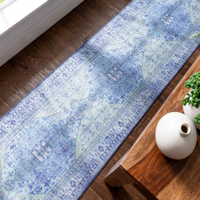 Nile Vintage Medallion Flatweave Dark Blue Area Rug (Rectangle 63 x 220 cm)