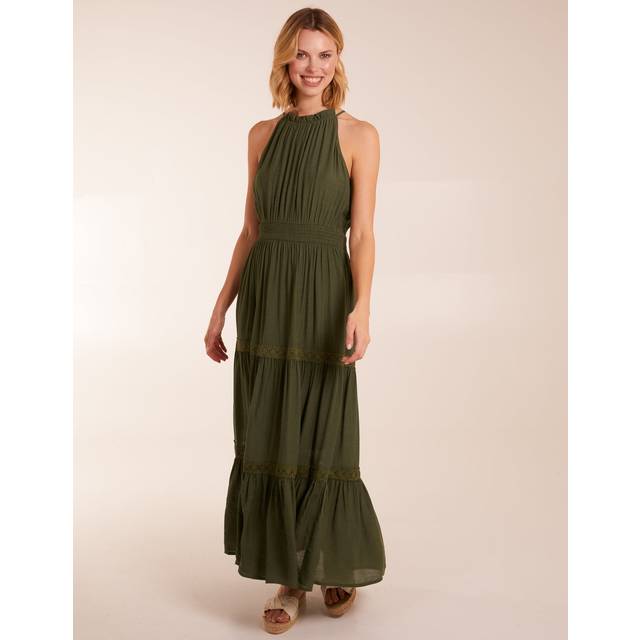 Blue Vanilla Womens Crochet Halter Maxi Tiered Dress - Khaki - Size Medium