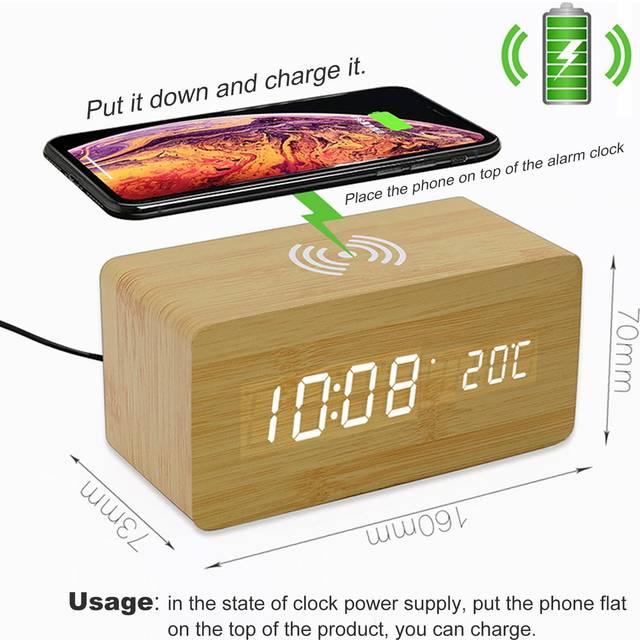 Digital väckarklocka i trä med trådlös laddning 3 larm LED-display Ljudkontroll för sovrum khaki