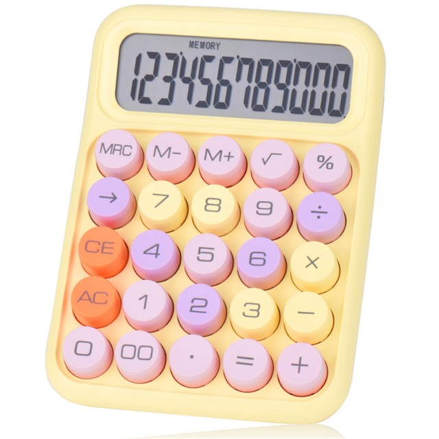 Mechanical Pushbutton Calculator, 12 Digit LCD Display, Big Buttons Easy to , Colorful Candy Calculator Yellow