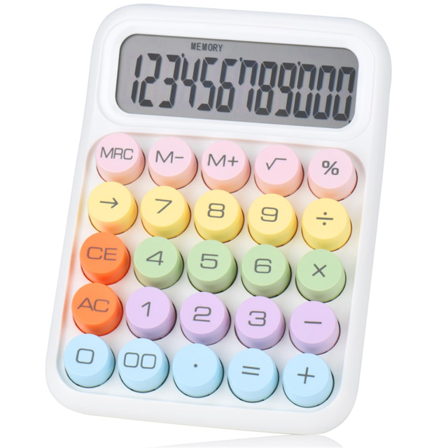 Mechanical Pushbutton Calculator, 12 Digit LCD Display, Big Buttons Easy to , Colorful Candy Calculator White