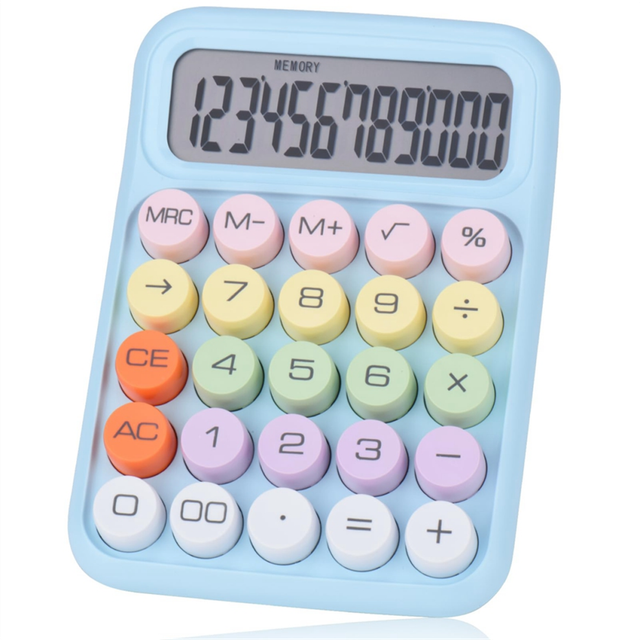 Mechanical Pushbutton Calculator, 12 Digit LCD Display, Big Buttons Easy to , Colorful Candy Calculator Blue