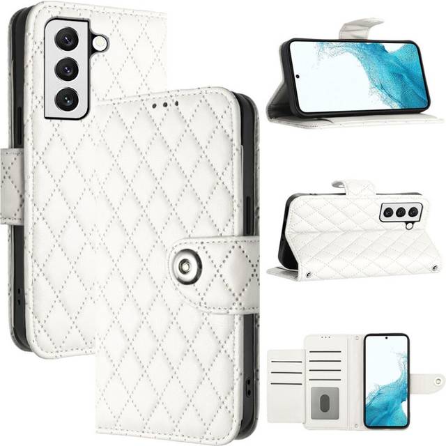 (White) Case For Samsung Galaxy S23 5G Wallet Cover Shockproof Stylish Protective Card Holder Wrist Strip