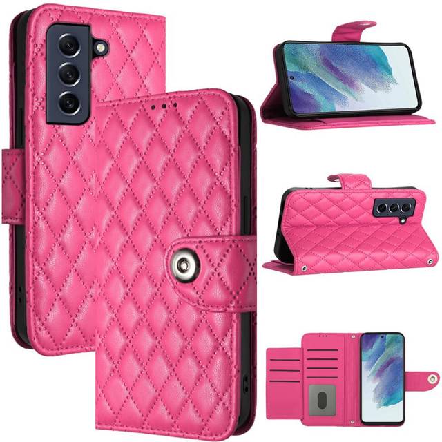 (Rose red ) Case For Samsung Galaxy S21 FE 5G Wrist Strip Card Holder Wallet Cover Shockproof Stylish Protective