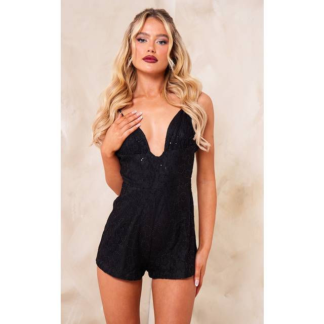 Black Strappy Lace Sequin Playsuit, Black - 4