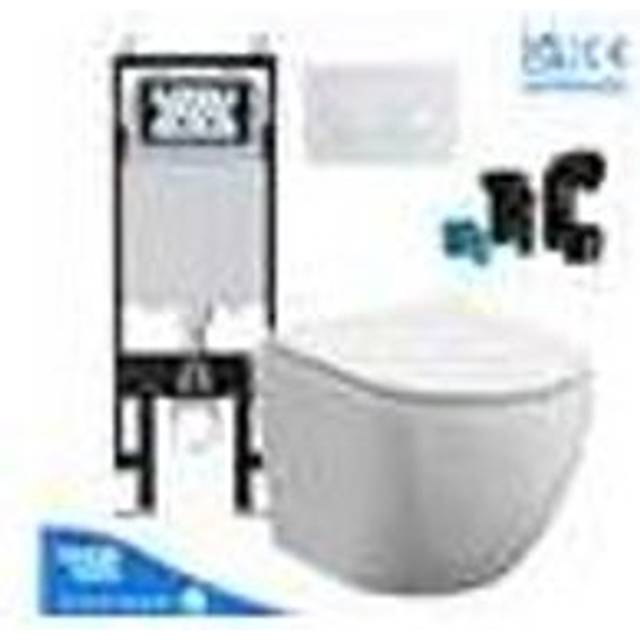 Rimless Wall Hung Toilet Pan with viva Slim Concealed Cistern Frame 1.14-1.35m & Gloss White Flush Plate