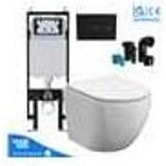 Rimless Wall Hung Toilet Pan with viva Slim Concealed Cistern Frame 1.14-1.35m & Matt Black Flush Plate