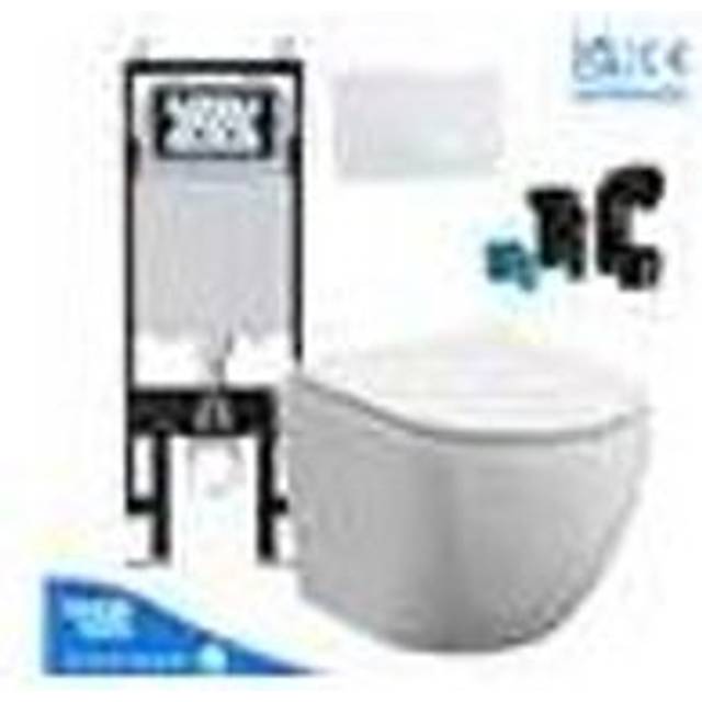 Gravahaus - Rimless Wall Hung Toilet Pan with viva Slim Concealed Cistern Frame 1.14-1.35m & Square Gloss White Flush Plate