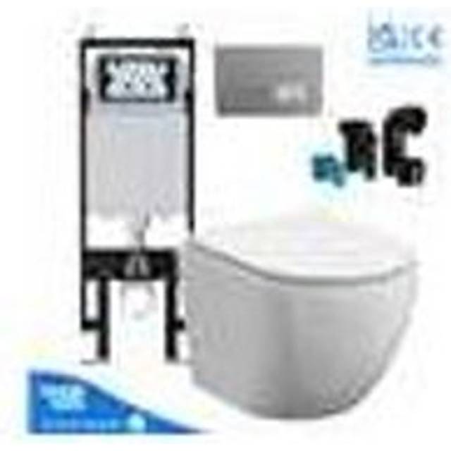 Rimless Wall Hung Toilet Pan with viva Slim Concealed Cistern Frame 1.14-1.35m & Square Chrome Flush Plate
