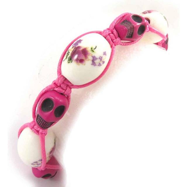 Les Trésors De Lily [J8561] - Liberty pink fuschia 'Skull's head' shambhala designer bracelet Rose