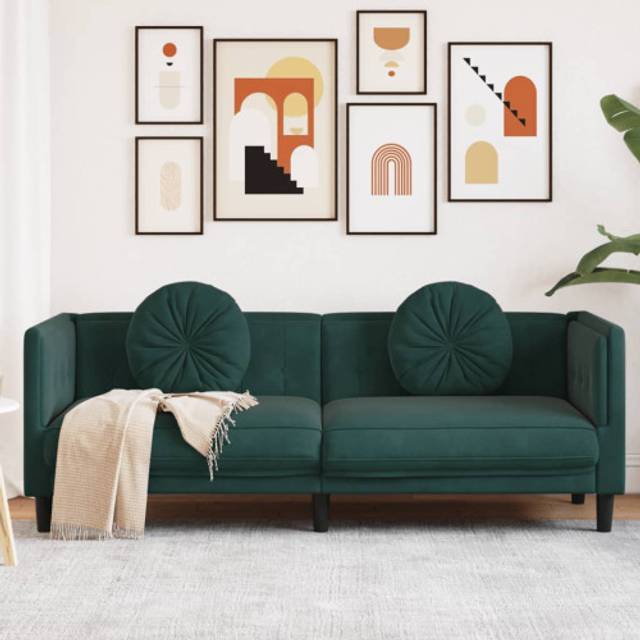 Soffa med kuddar 3-sits mörkgrön sammet