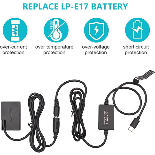 PD USB Type-C Cable to DR-E18 Dummy Battery DC Coupler LP-E17 Replacement for Canon 750D 760D T6S black