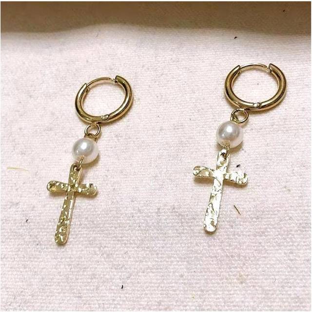 Les Trésors De Lily [R6344] - Creole steel designer 'Cléopatra' white gold - 14 mm- 30x11 mm (cross) white