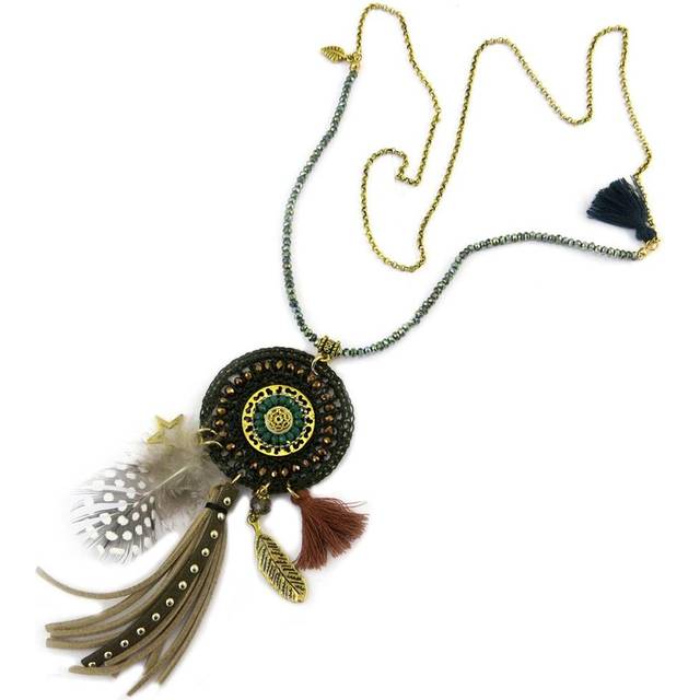 Les Trésors De Lily [P7268] - Green Brown 'Altai' Designer Long Necklace - 84 cm - pattern 14 cm green