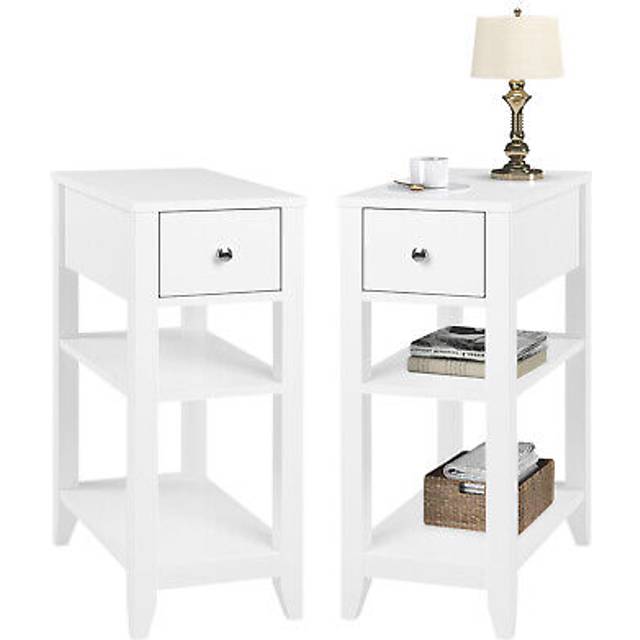 WOLTU Set of 2 Slim Bedside Tables with 1 Drawer & 2 Open Shelves, Tall and Narrow Bedside Cabinet, 45x28x66cm, White Nightstand with Modern Design,