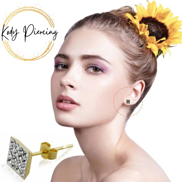 KODY PIERCING 9K Gold Piercing Jewellery Multi Jeweled Square Ear Stud - Quality Piercing
