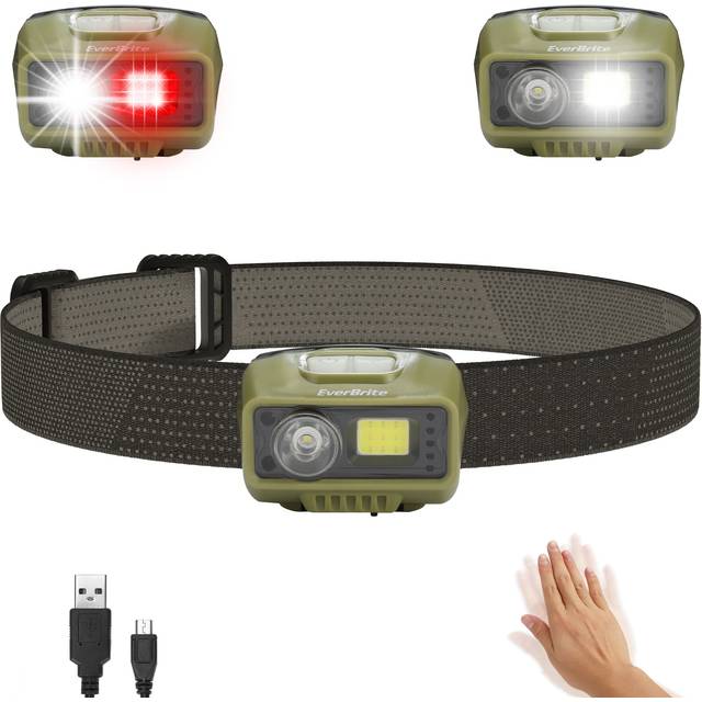 EverBrite Headlamp LED laddningsbar, 500 lumen grön pannlampa med 5 lägen, rött ljus och rörelsesensor, 80 g lätt pannlampa för jogging, vandring, camping [inkl. mikro-USB-kabel]