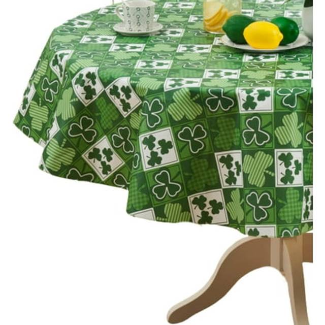 St. Patrick's Day Irish Vinyl Flannel Backed Tablecloth for Dining Room Kitchen Table Decor: St. Pat's Lucky Shamrock Clovers Green White Yellow Gold