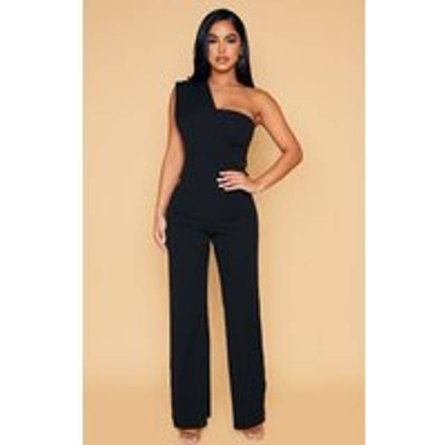 Petite Black One Shoulder Drape Jumpsuit, Black - 12