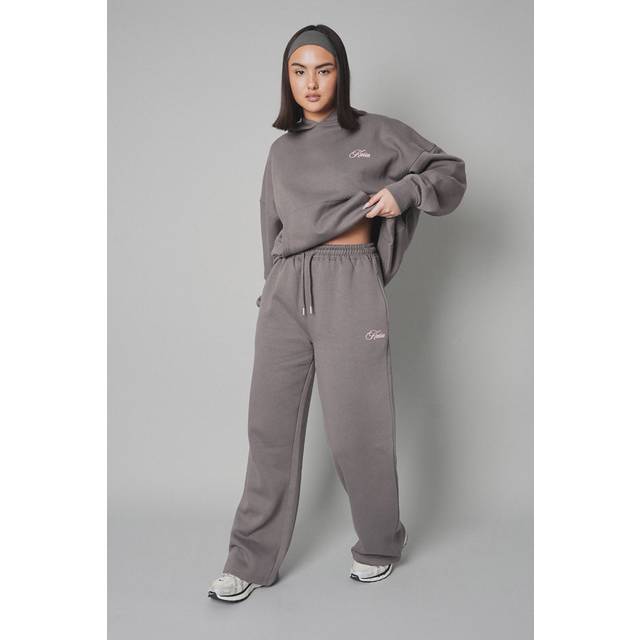 Kaiia The Label Logo Wide Leg Joggers Dark Grey With Pink - dark_grey
