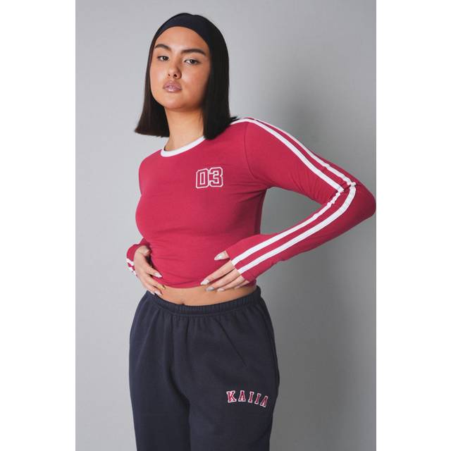 Kaiia Sporty Long Sleeve Tee with Contrast Binding in Red and White - red