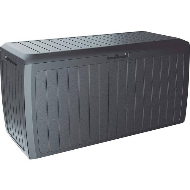 Deuba Garden Box 290L Storage Plastic Outdoor Patio Deck Chest 114x47x60cm Wood Style with Lid and Wheels Grey